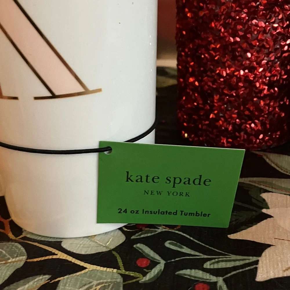 Kate Spade White Tumbler with Red and Gold Accents
